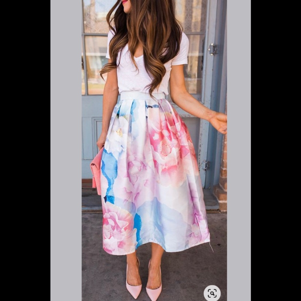 Chicwish watercolor bloom floral midi a-line skirt